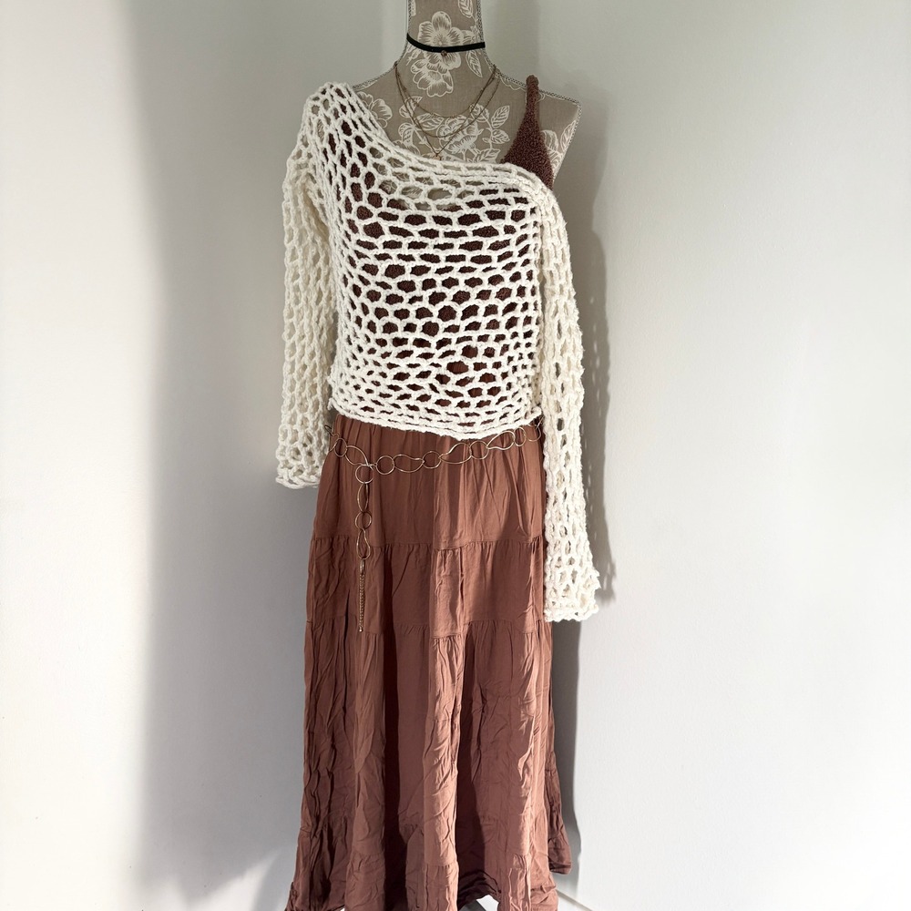 Brown Tiered Maxi Skirt 100% Rayon Boho Elastic Waist TL00006